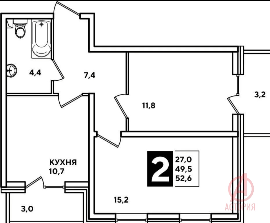 Основная фотография 2-к. квартира 52.40 м² 